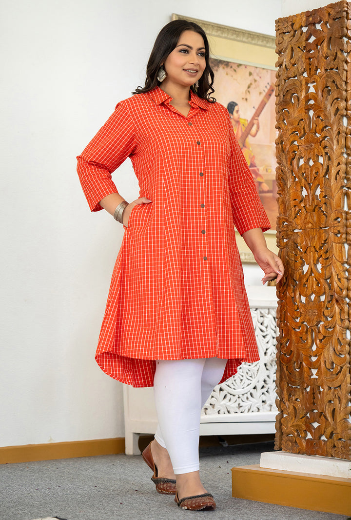 Red Check Print Plus Size Cotton Kurta (Set Of 1)