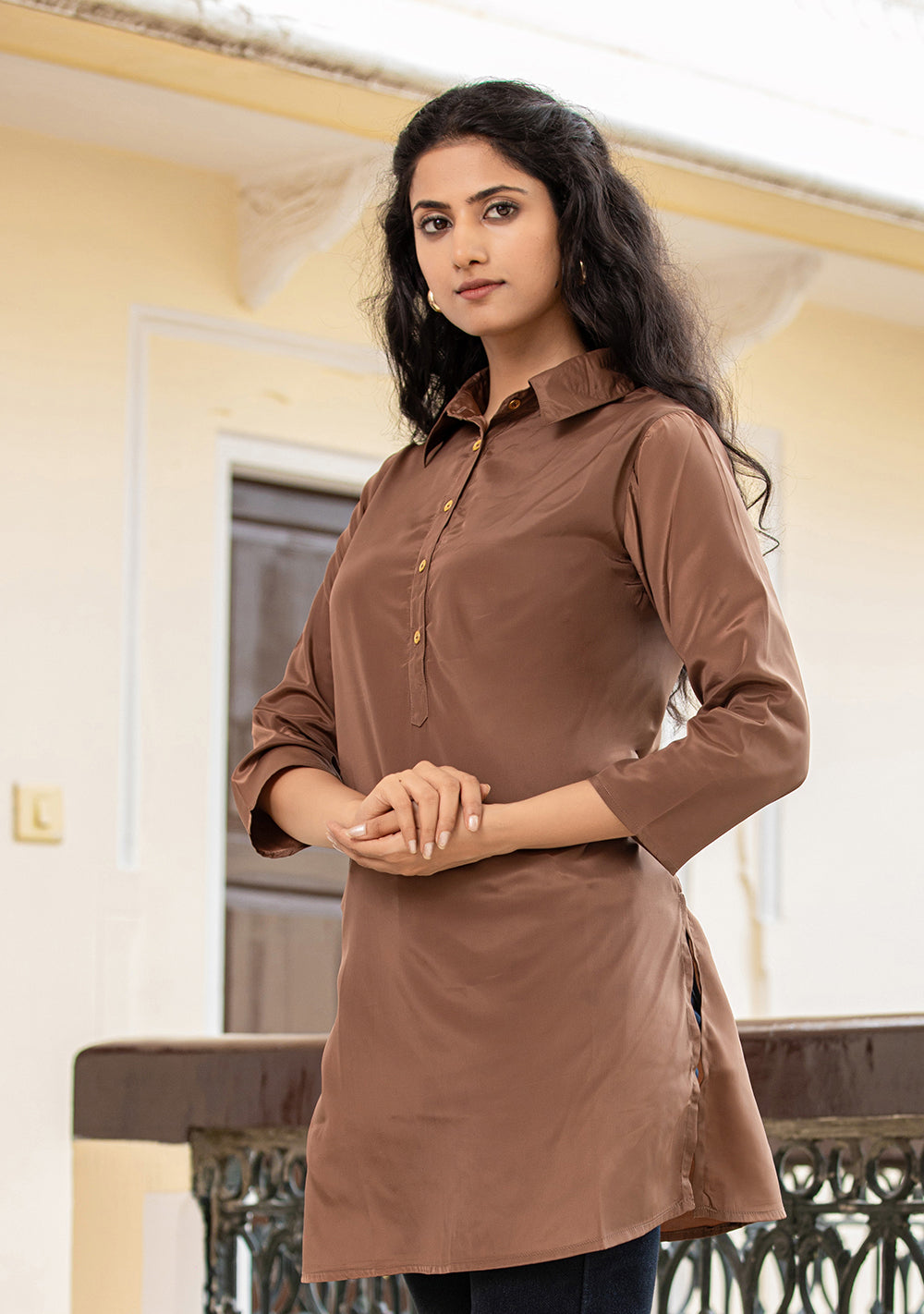 Brown Solid Crepe Short Kurtis (Set Of 1)