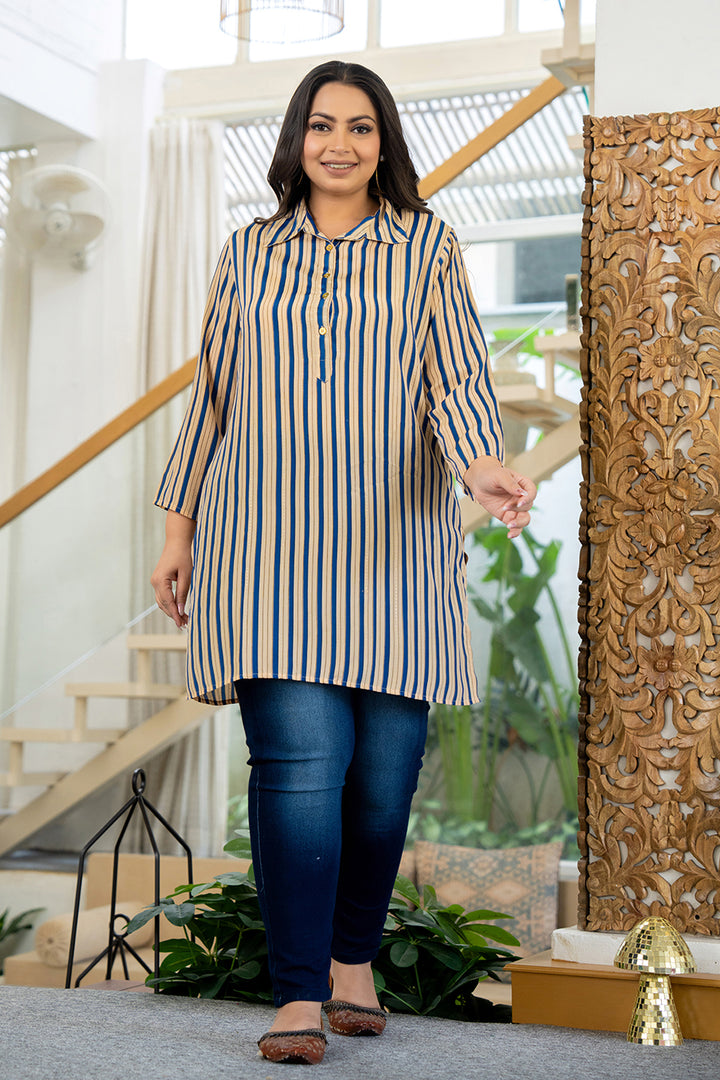 Blue Striped Viscose Rayon Plus Size Kurta (Set Of 1)