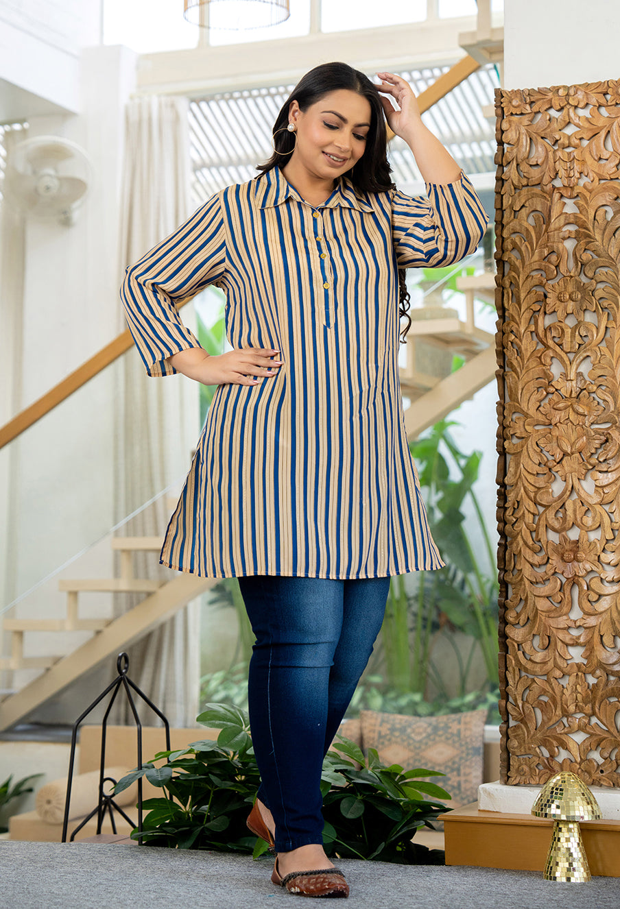 Blue Striped Viscose Rayon Plus Size Kurta (Set Of 1)