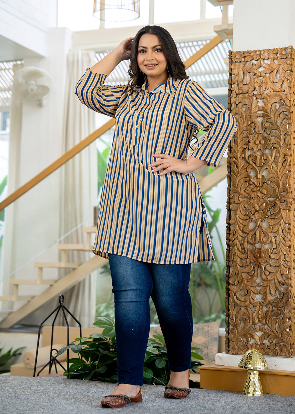 Blue Striped Viscose Rayon Plus Size Kurta (Set Of 1)