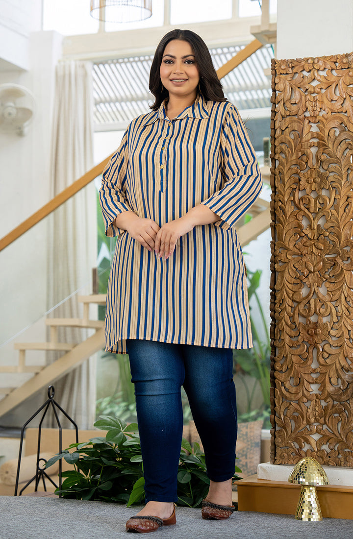 Blue Striped Viscose Rayon Plus Size Kurta (Set Of 1)