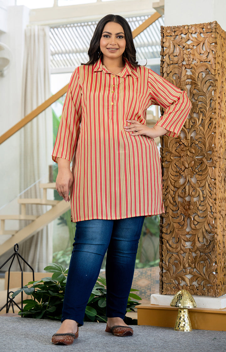 Pink Striped Viscose Rayon Plus Size Kurta (Set Of 1)