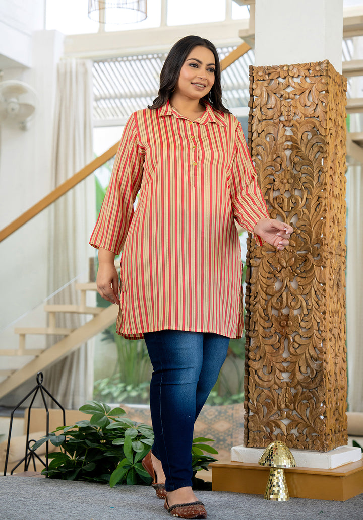 Pink Striped Viscose Rayon Plus Size Kurta (Set Of 1)