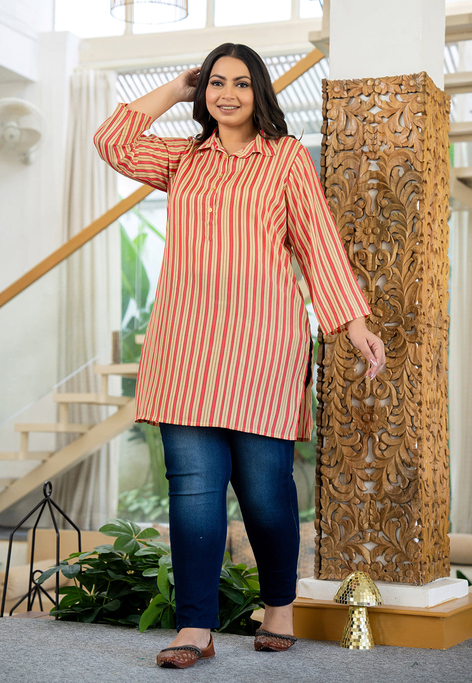 Pink Striped Viscose Rayon Plus Size Kurta (Set Of 1)