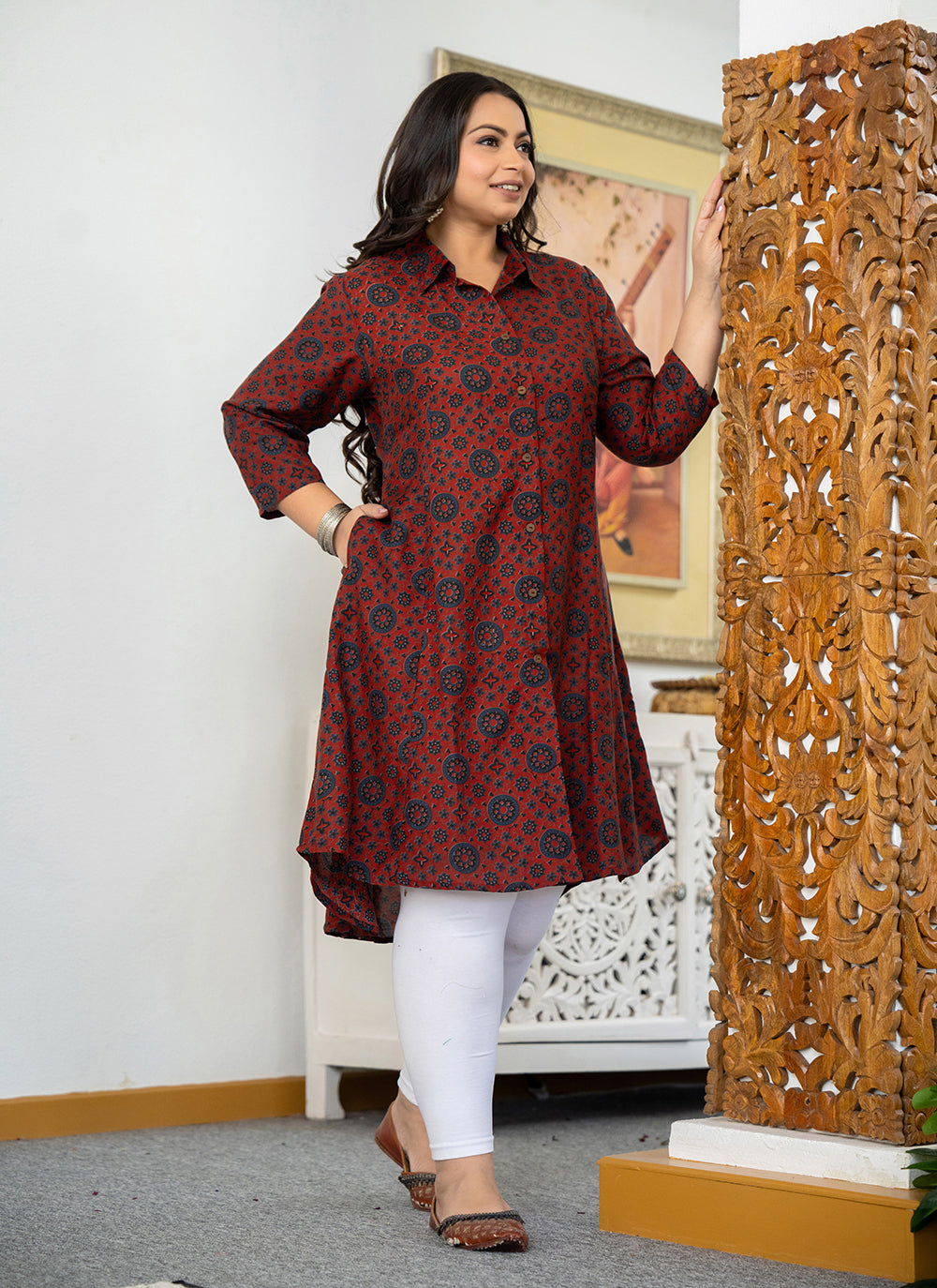 Maroon Printed Viscose Rayon Plus Size Kurta (Set Of 1)