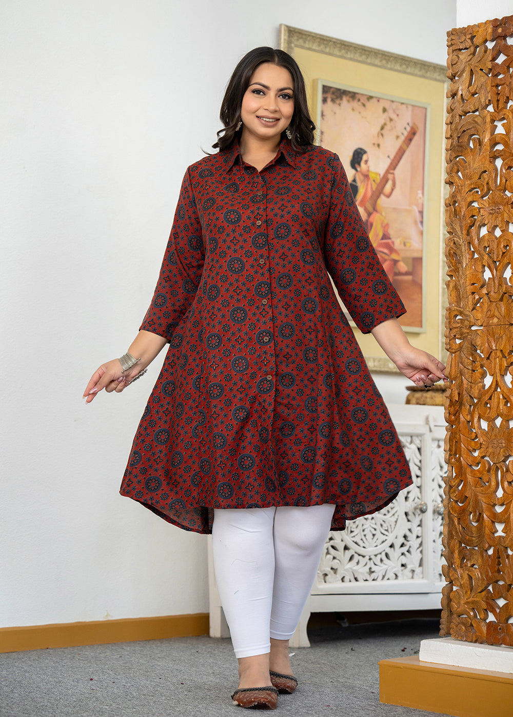 Maroon Printed Viscose Rayon Plus Size Kurta (Set Of 1)