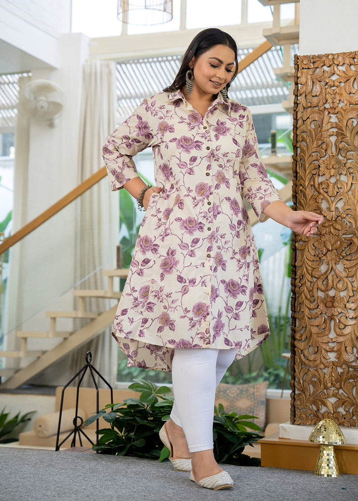 Purple Floral Printed Plus Size Cotton Kurta (Set Of 1)