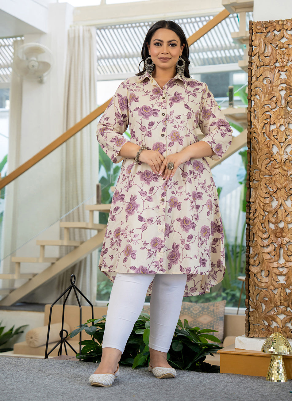 Purple Floral Printed Plus Size Cotton Kurta (Set Of 1)