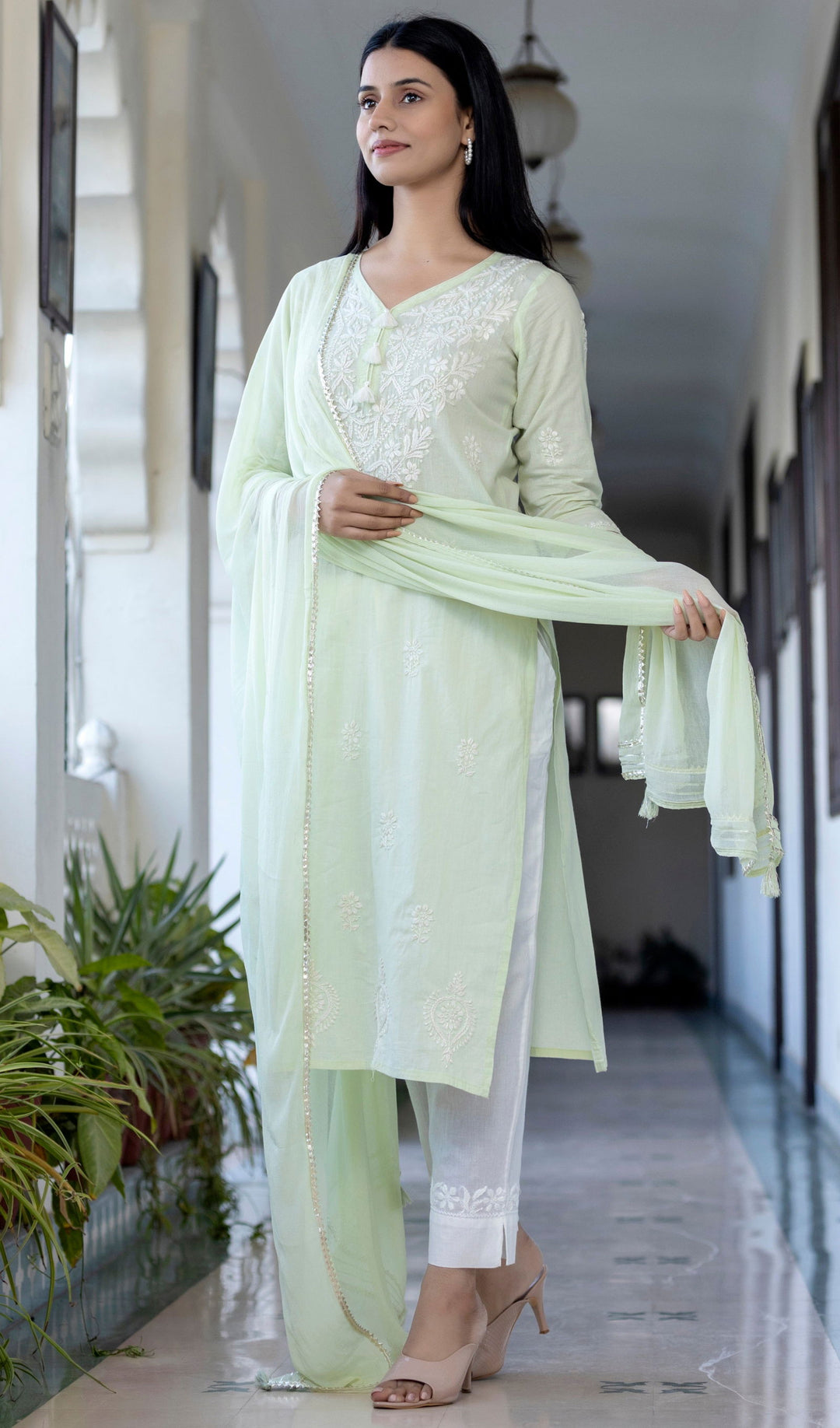 Light Green Cotton Lucknow Embroidery Chikankari Suit Set (pack of 3) - Kaajh - #tag4#