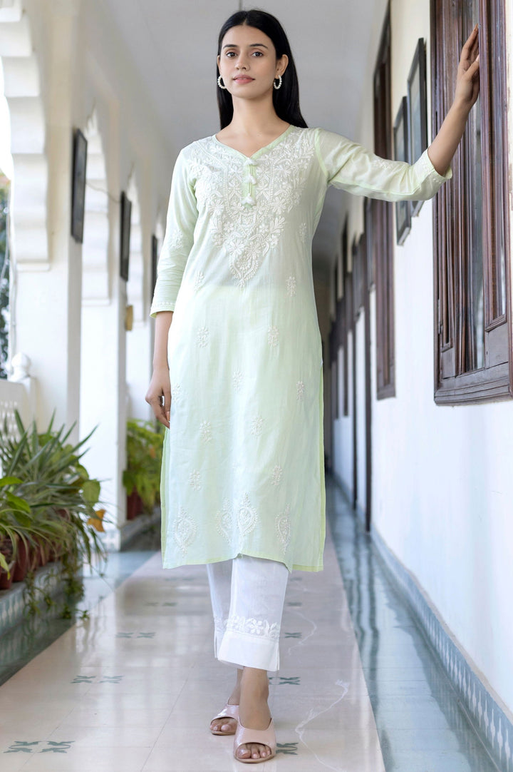 Light Green Cotton Lucknow Embroidery Chikankari Suit Set (pack of 3) - Kaajh - #tag4#