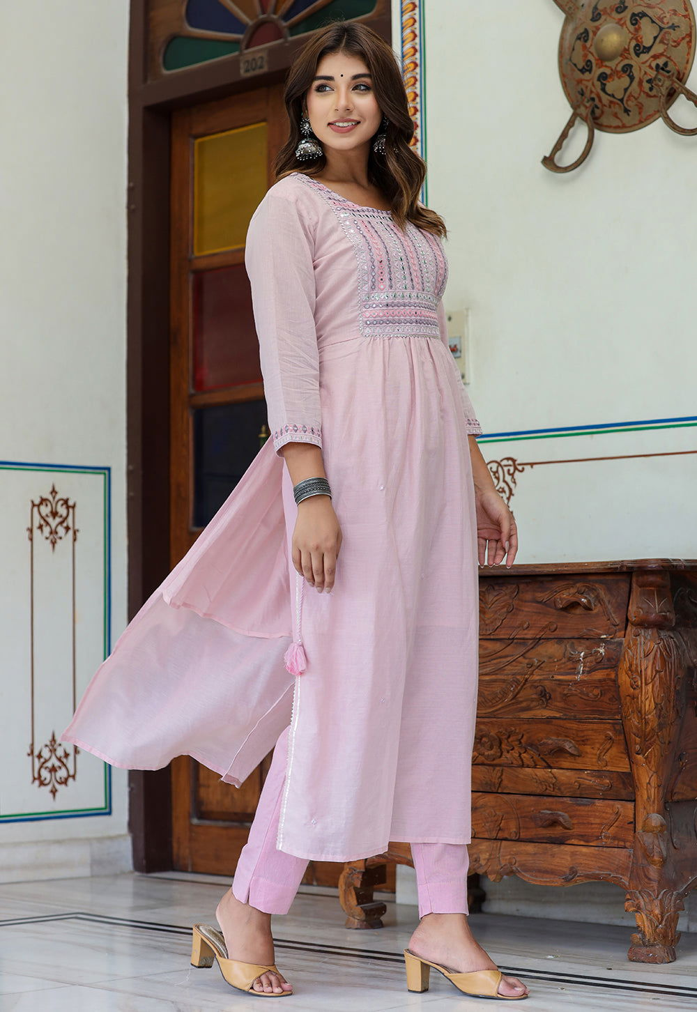 Light Pink Embroidered Cotton Kurta Pant Set - Kaajh - #tag4#