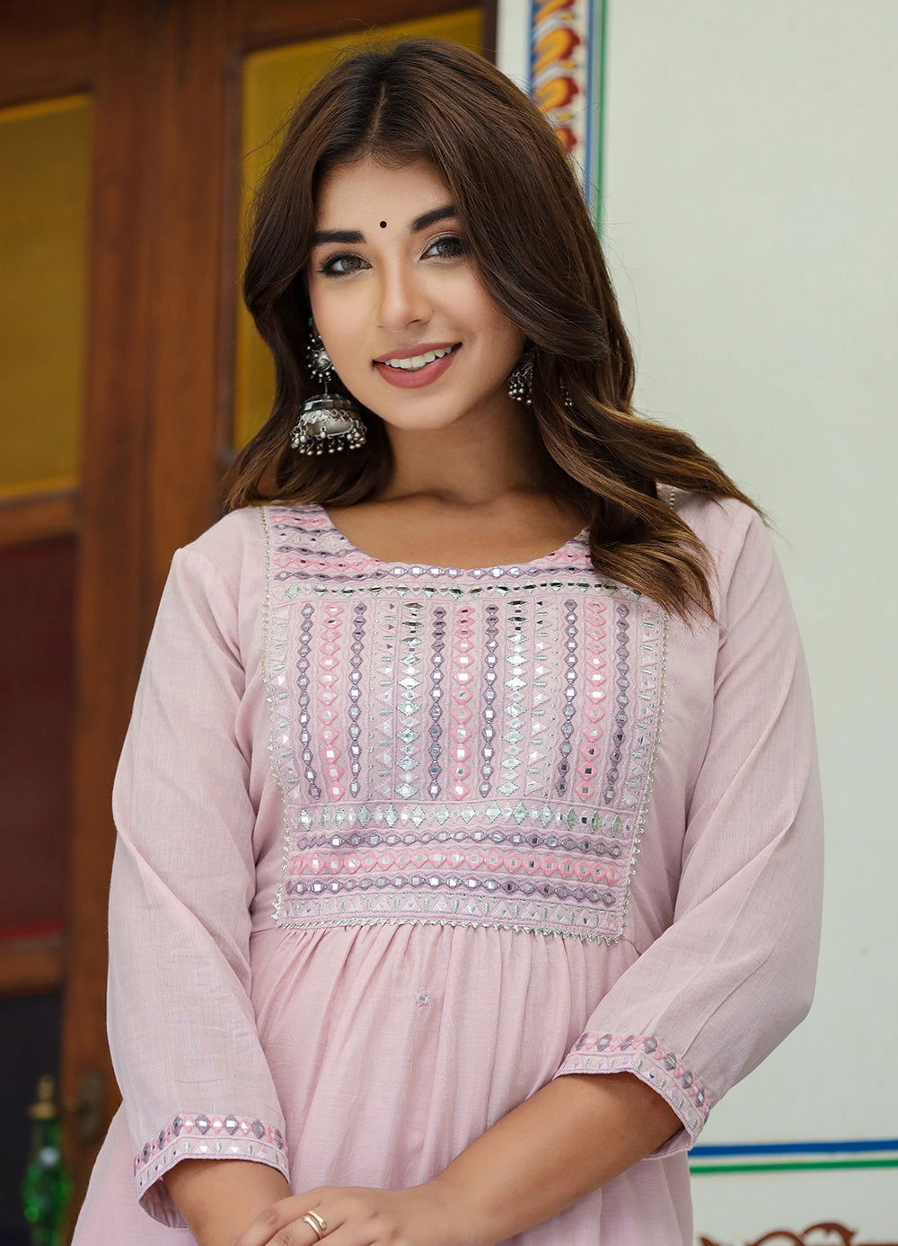 Light Pink Embroidered Cotton Kurta Pant Set - Kaajh - #tag4#