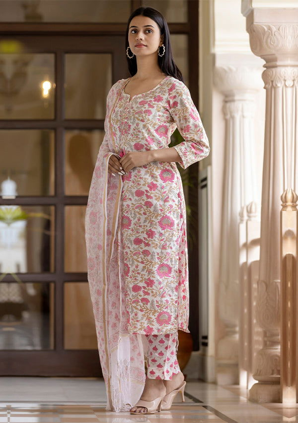 Light Pink Handblock Printed Cotton Suit Set (pack of 3) - Kaajh - #tag4#