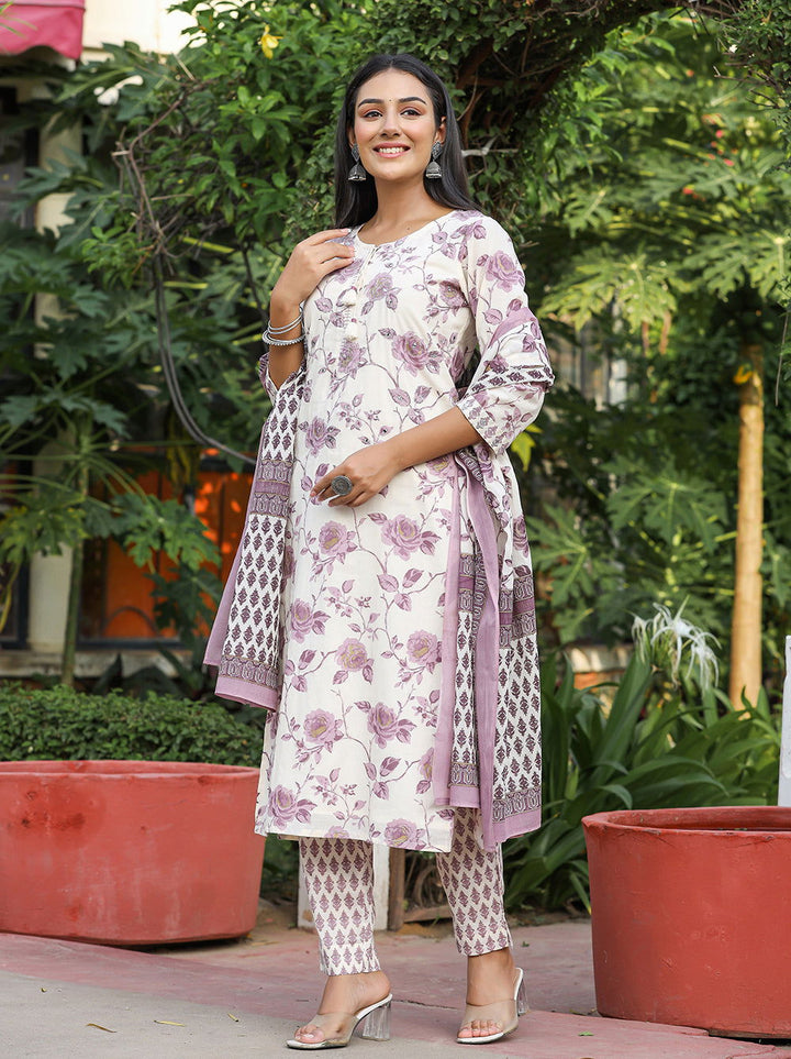 Light Purple Floral Print Cotton Kurta Pant Set With Dupatta (Set of 3) - Kaajh - #tag4#