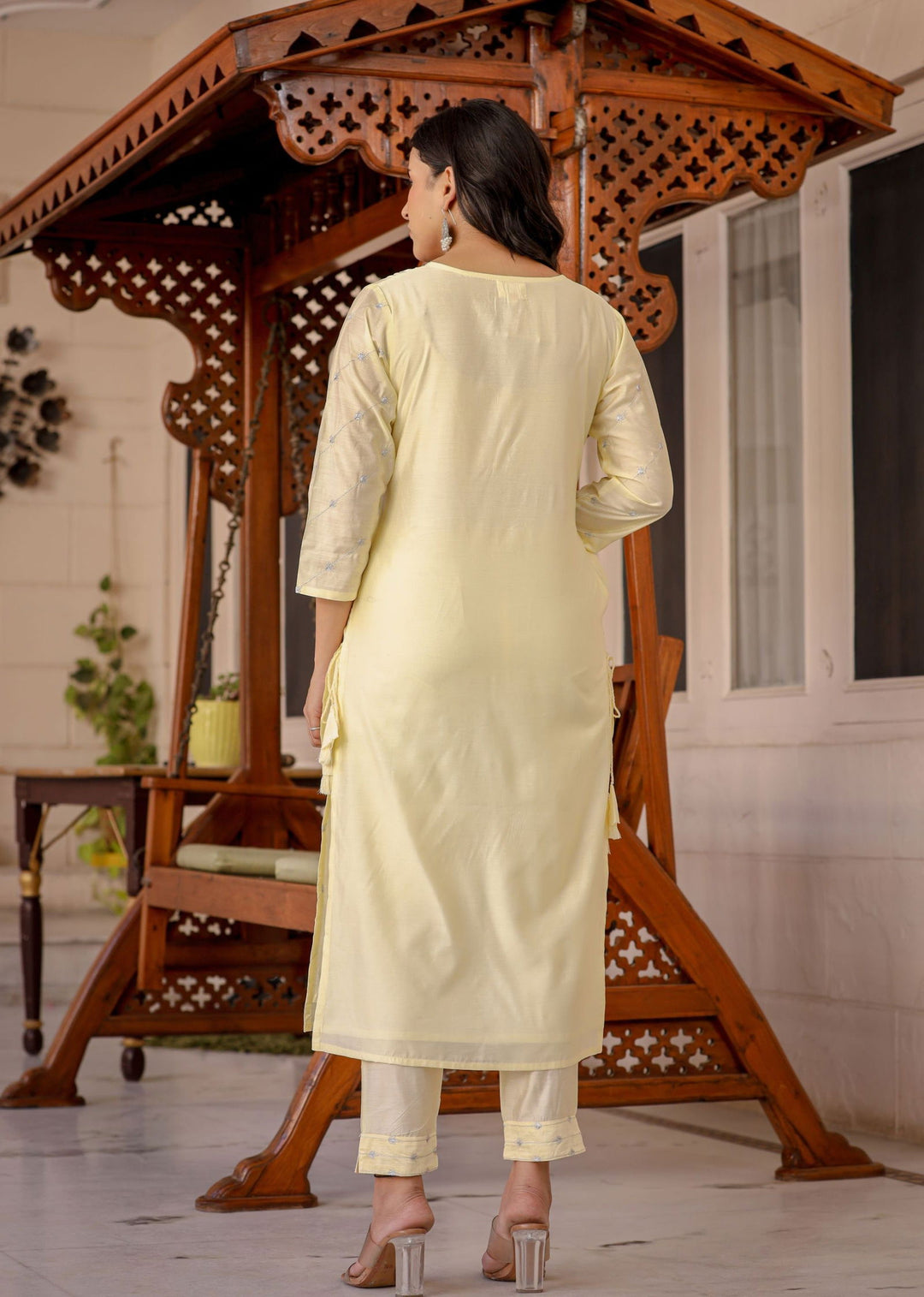 Light Yellow Modal Silk Kurta Pant Set With Dupatta (pack of 3) - Kaajh - #tag4#