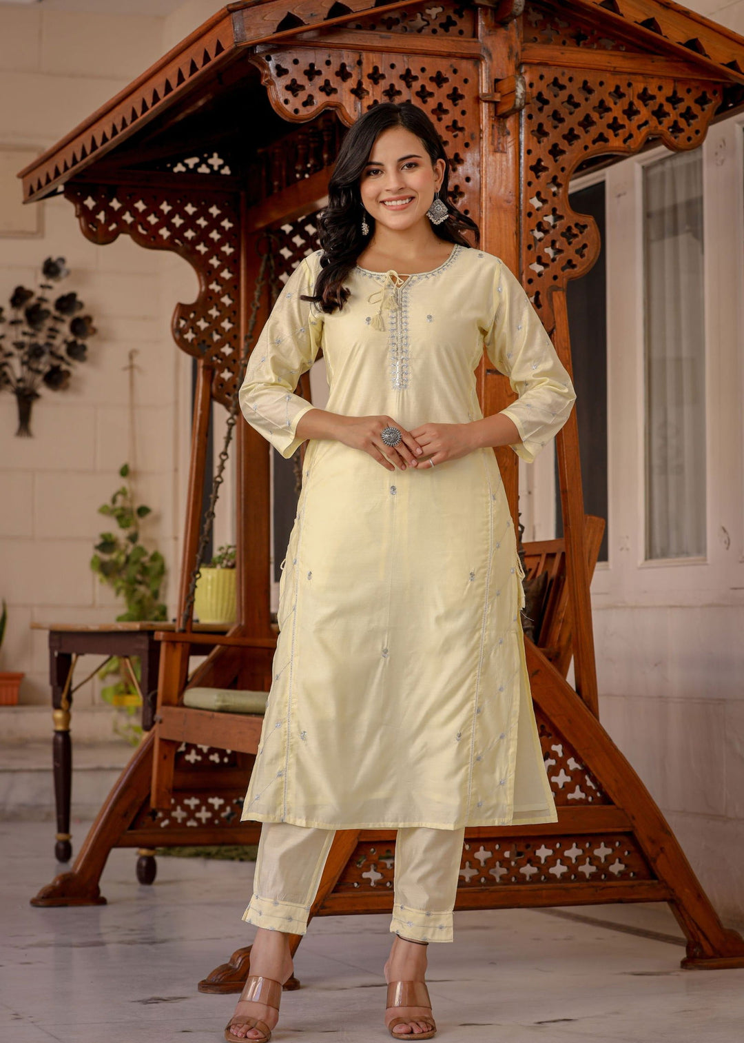 Light Yellow Modal Silk Kurta Pant Set With Dupatta (pack of 3) - Kaajh - #tag4#
