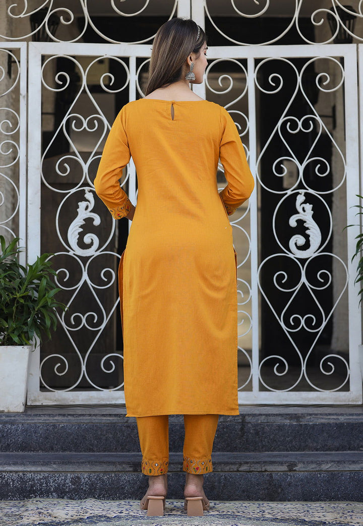 Mustard Embroidered Cotton Kurta Pant Set (set of 2) - Kaajh - #tag4#