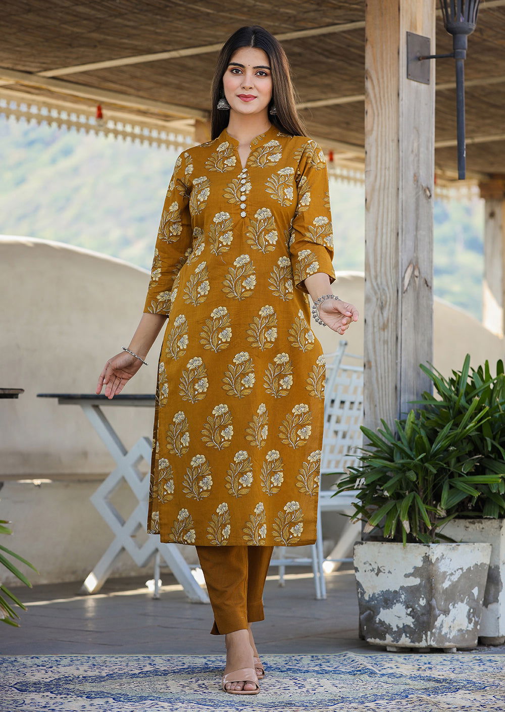 Mustard Floral Print Side Slit Cotton Kurta Pant Set - Kaajh - #tag4#