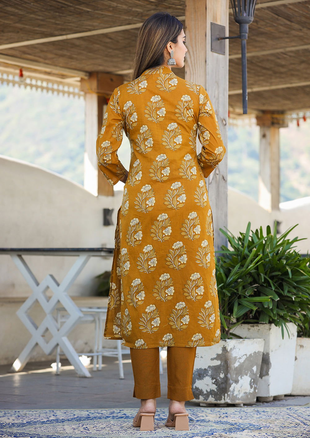 Mustard Floral Print Side Slit Cotton Kurta Pant Set - Kaajh - #tag4#