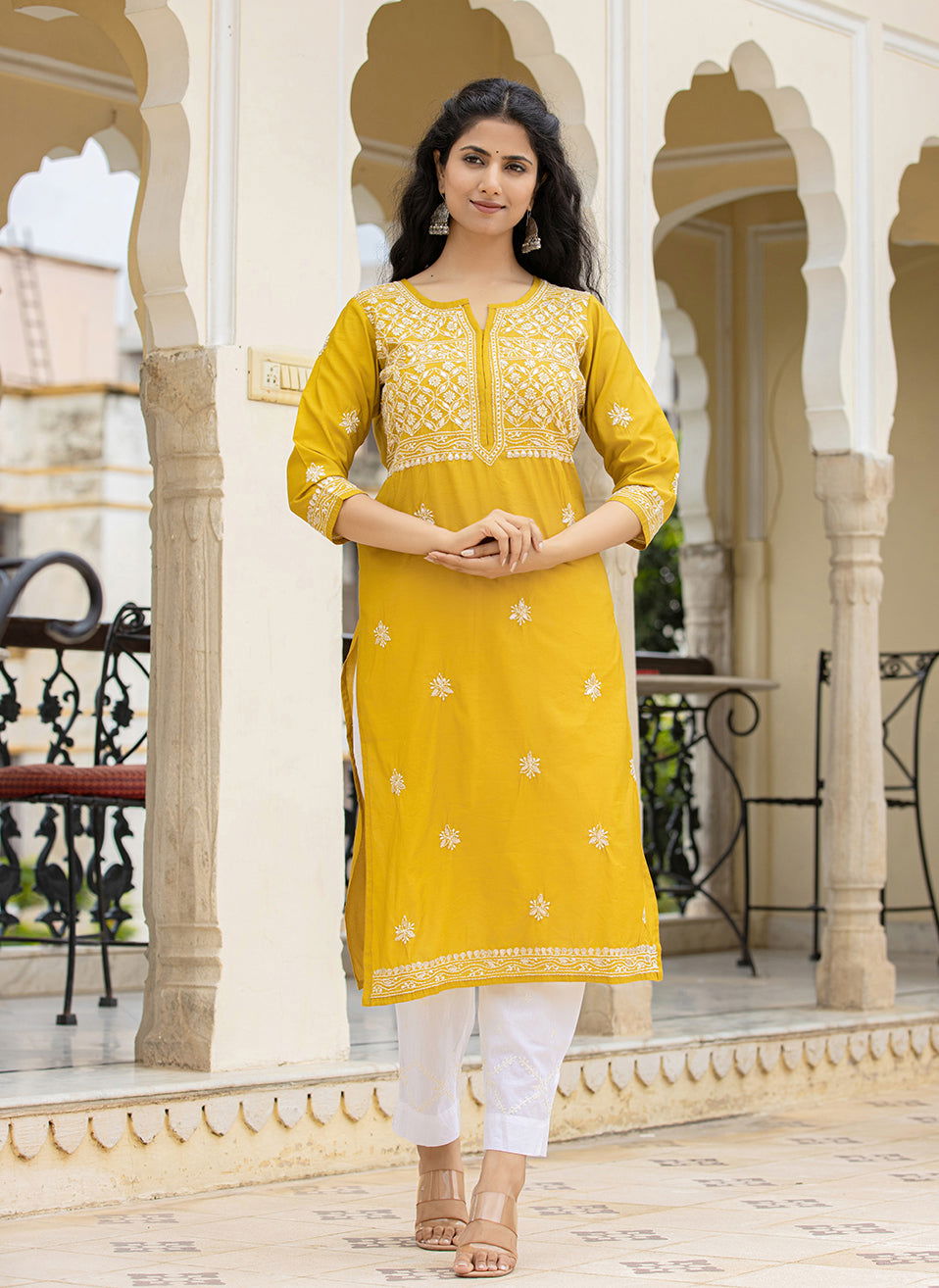 Mustard Lucknowi Chikankari Cotton Kurta Pant Set (Set Of 2) - Kaajh - #tag4#