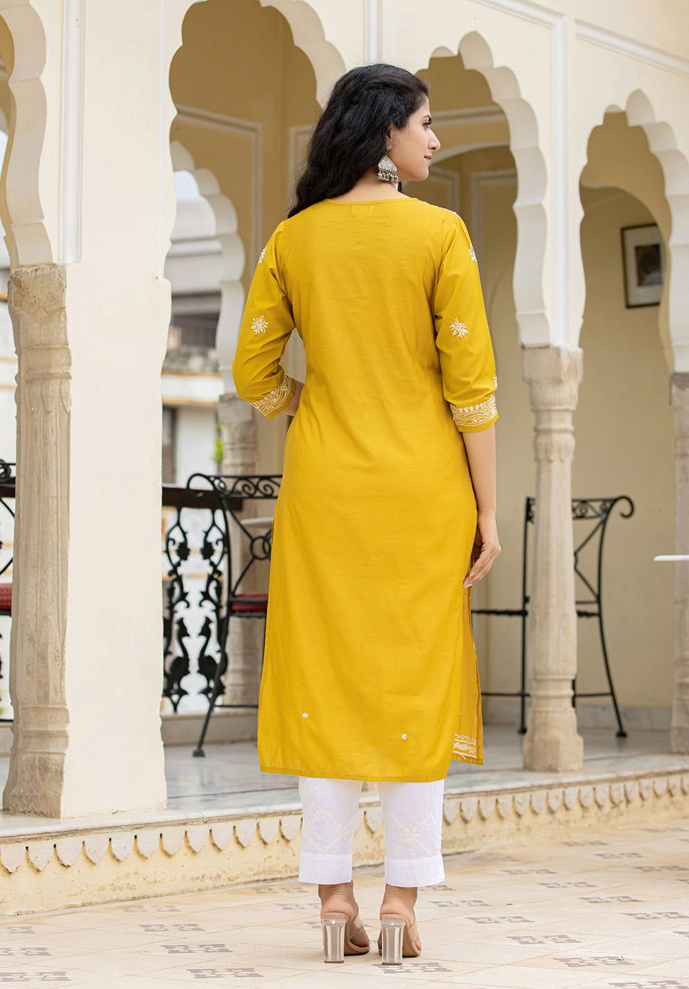 Mustard Lucknowi Chikankari Cotton Kurta Pant Set (Set Of 2) - Kaajh - #tag4#