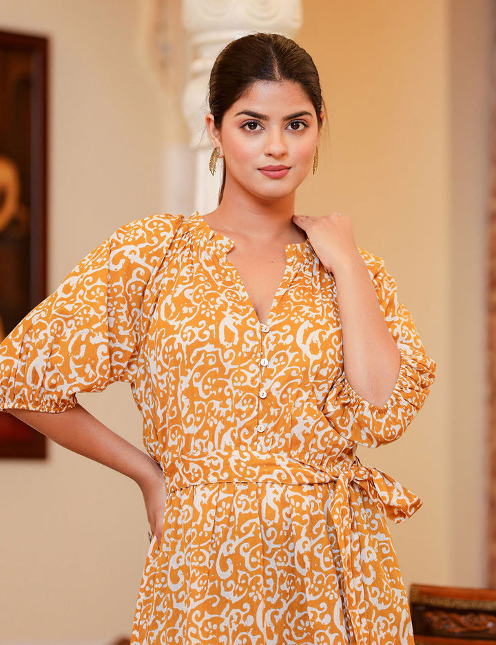 Mustard Printed Cotton Melta Dress (set of 1) - Kaajh - #tag4#