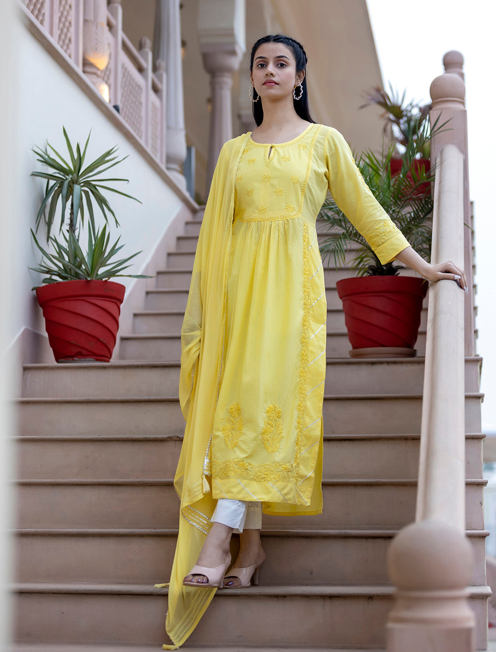 Yellow Chikankari Dress For Women 