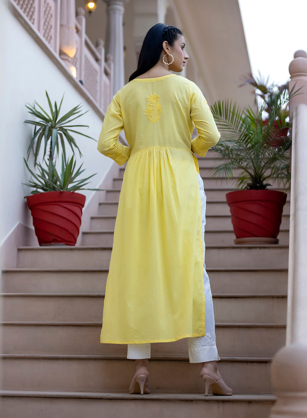 Yellow Cotton Chikankari Suit Set For Wedding