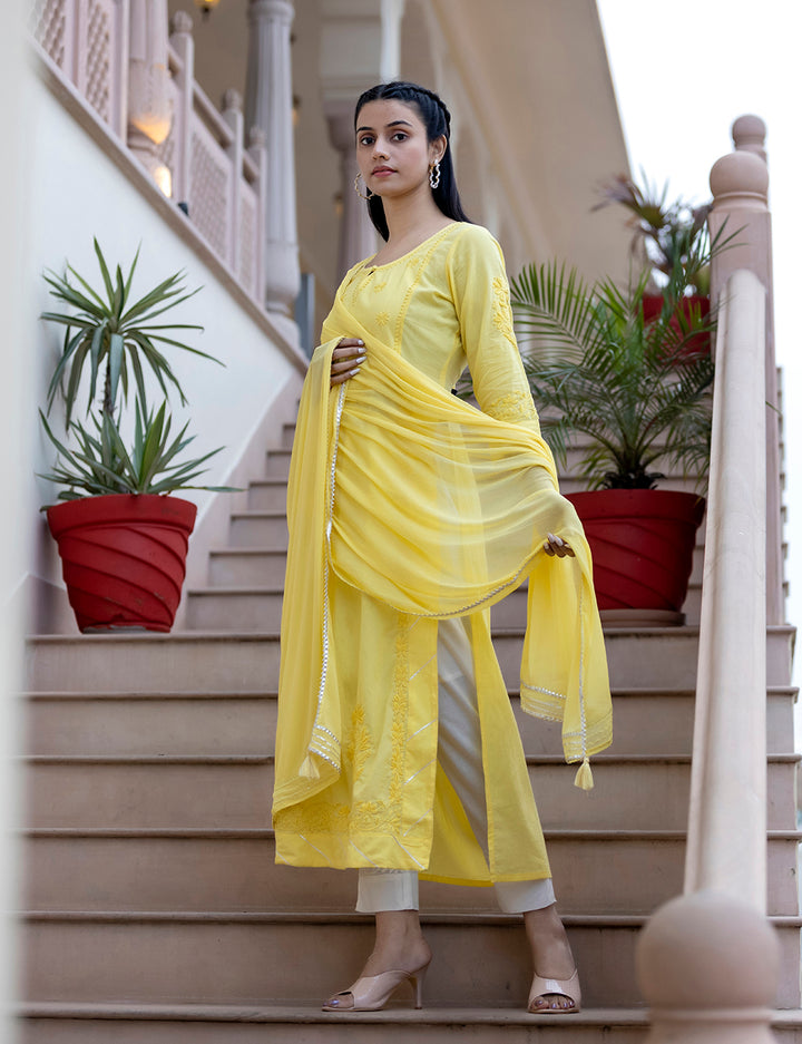 Yellow Cotton Chikankari Dress 