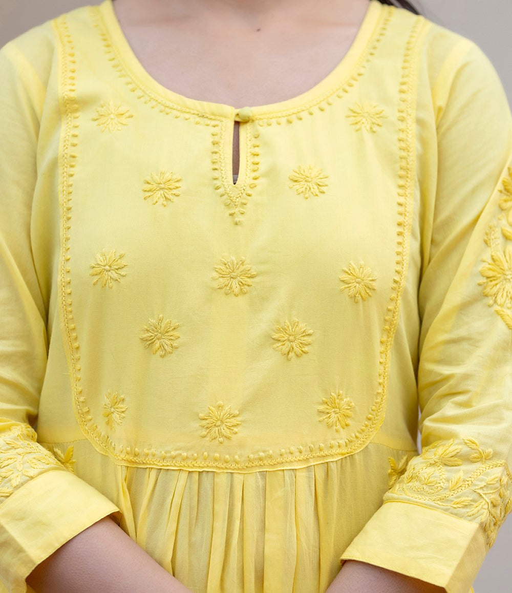 Yellow Cotton Chikankari Dress 