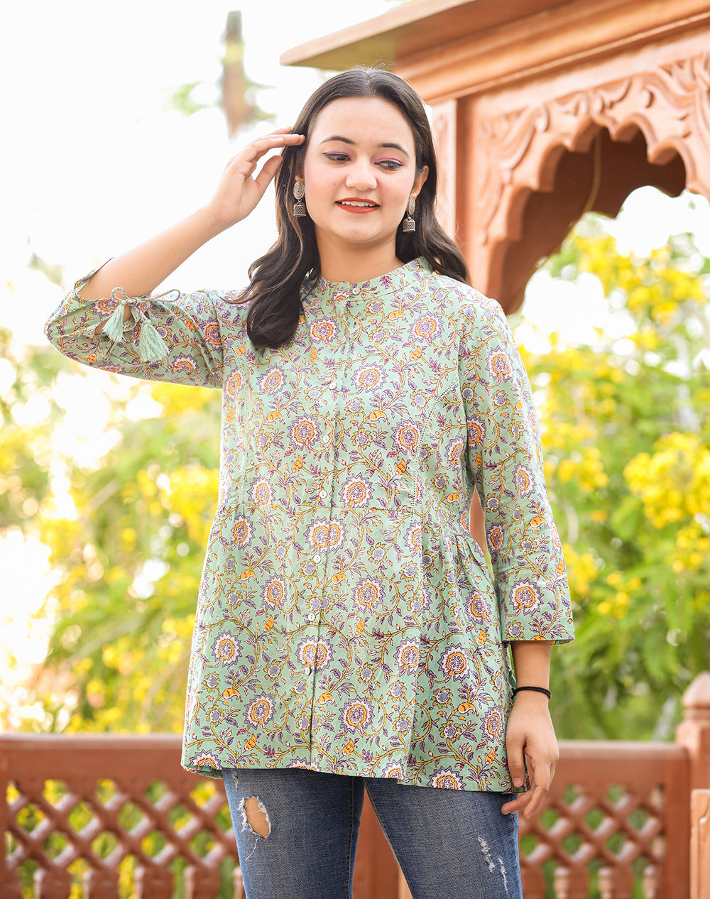 Buy Green Floral Cotton Top | Best Tunic Tops for Women Online in India 