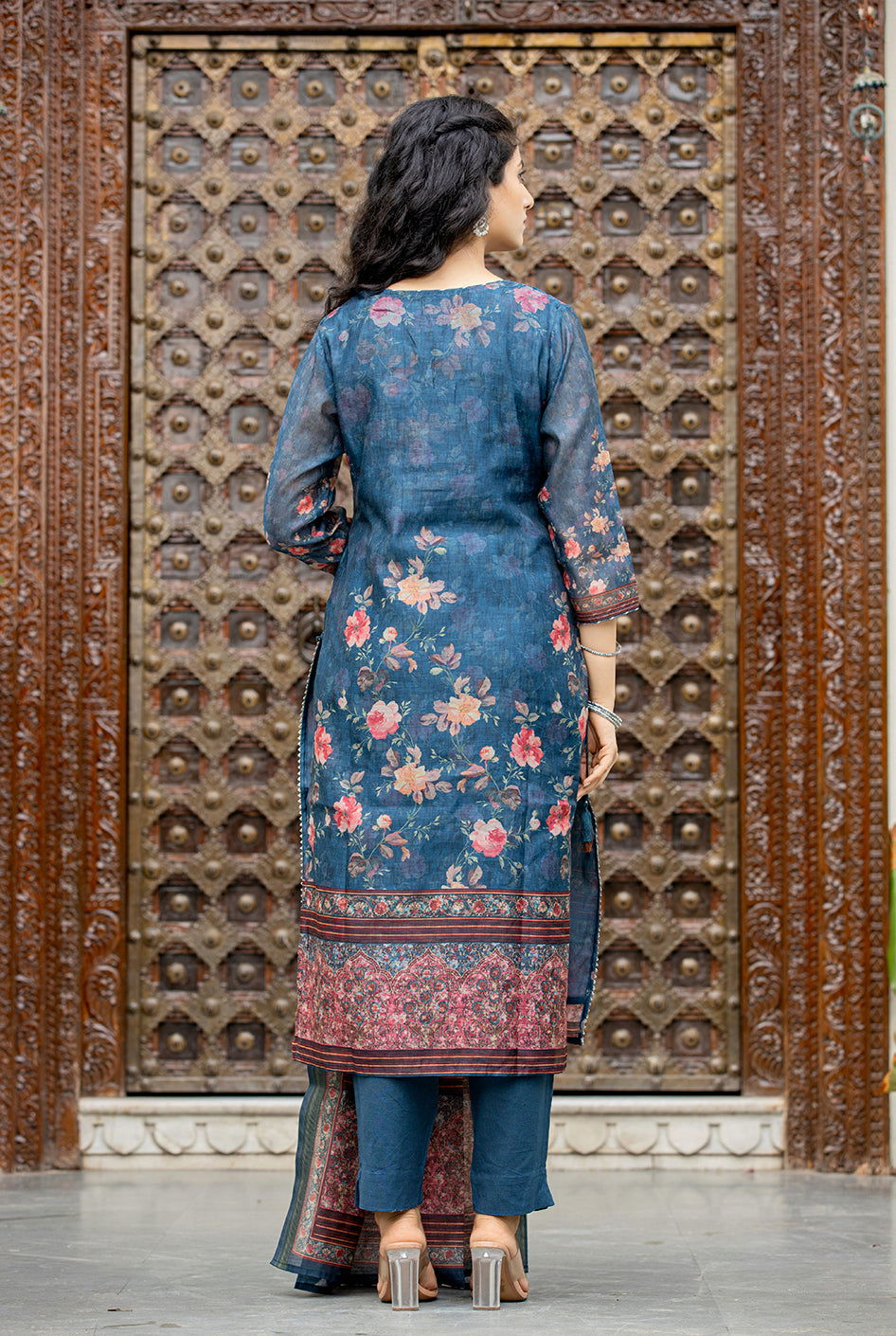 Navy Blue Digital Print Floral Chanderi Suit Set (Set of 3) - Kaajh - #tag4#