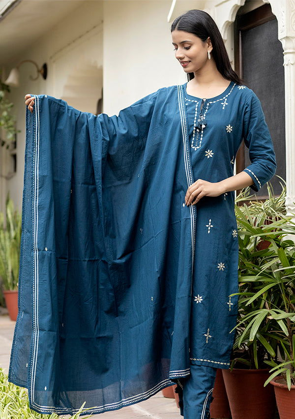 Navy Blue Mirror Embellished Cotton Suit Set (set of 3) - Kaajh - #tag4#