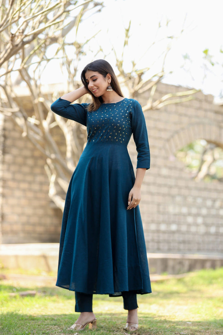 Navy Blue Sequin Cotton Anarkali Kurta (pack of 1) - Kaajh - #tag4#