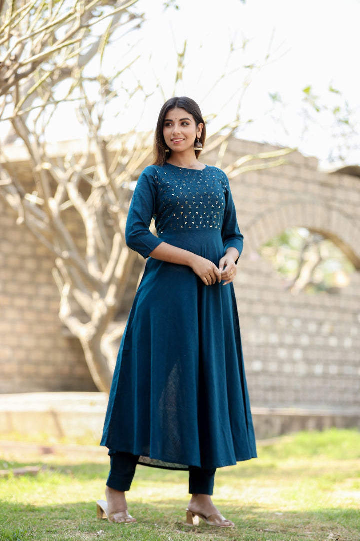 Navy Blue Sequin Cotton Anarkali Kurta (pack of 1) - Kaajh - #tag4#