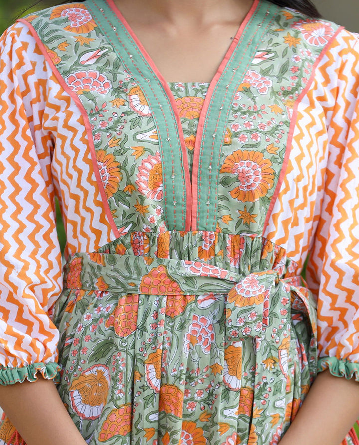 Orange Hand Block Printed Dress (pack of 1) - Kaajh - #tag4#
