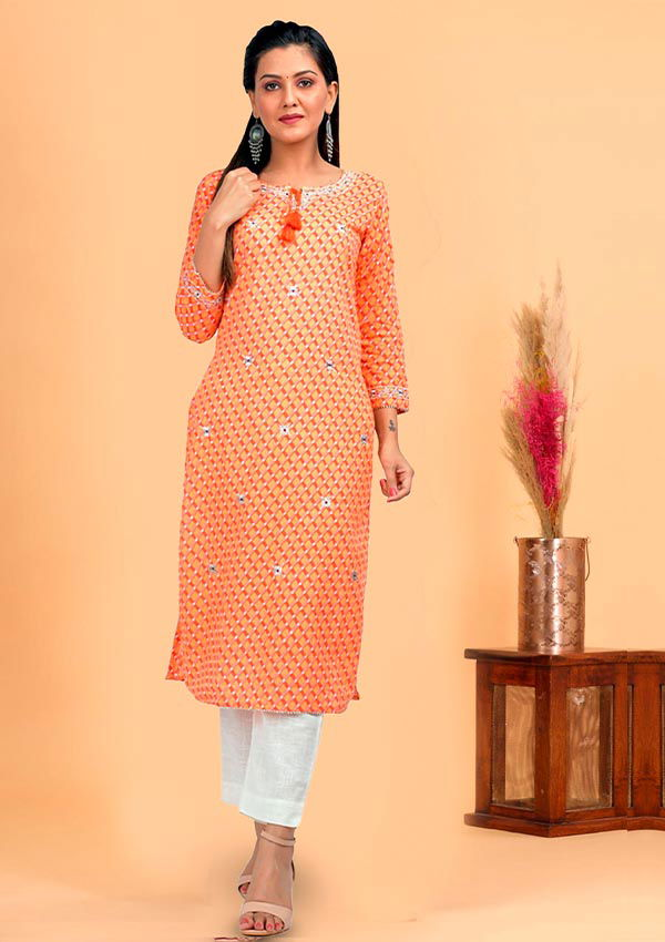 Orange Leheria Printed Straight Kurta (pack of 1) - Kaajh - #tag4#