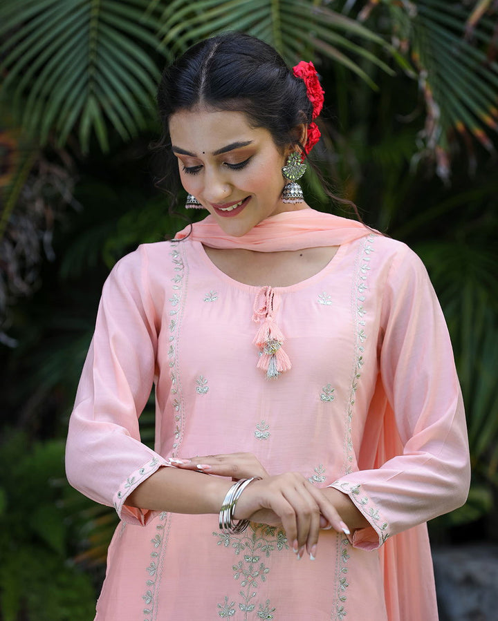 Peach All Over Embroidered Muslin Silk Suit Set (pack of 3) - Kaajh - #tag4#