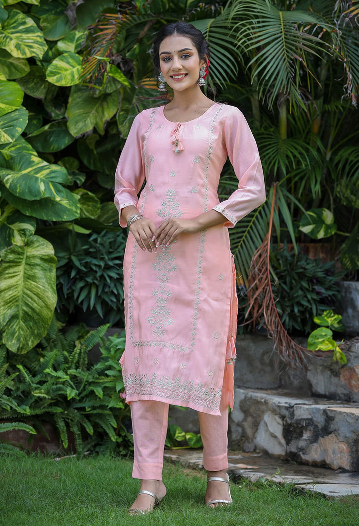 Peach All Over Embroidered Muslin Silk Suit Set (pack of 3) - Kaajh - #tag4#