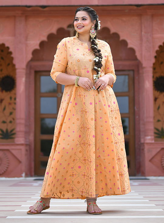 Peach Floral Gold Printed Long Ethnic Gown ((Pack Of 1) - Kaajh - #tag4#