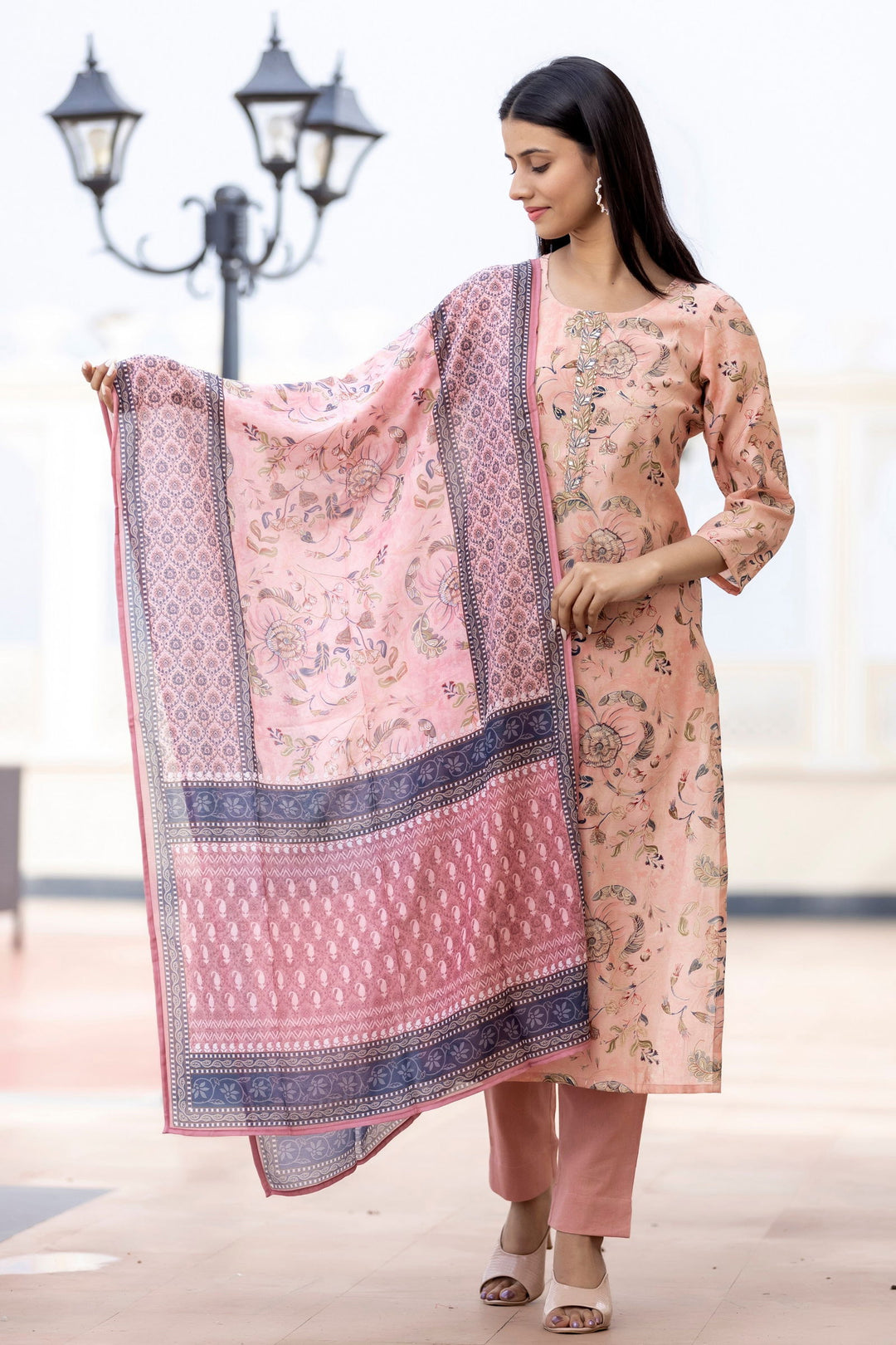 Peach Floral Printed Modal Silk Suit Set (pack of 3) - Kaajh - #tag4#