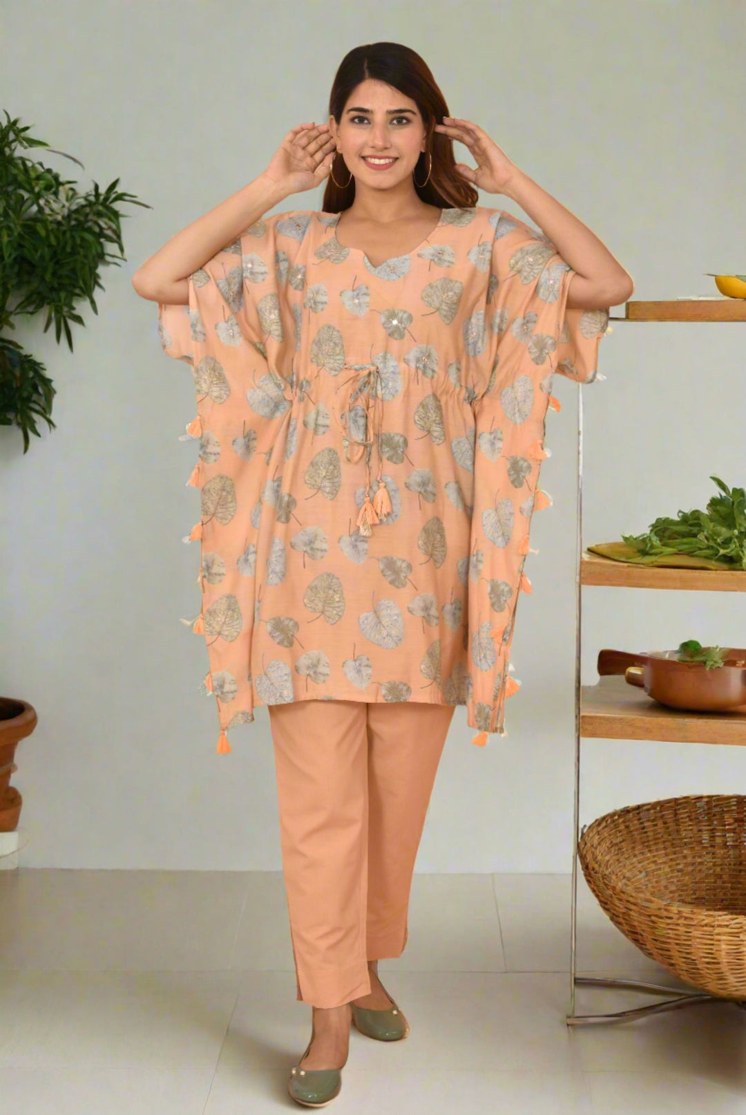Peach Mirror Printed Short Kaftan Pant Set (pack of 2) - Kaajh - #tag4#