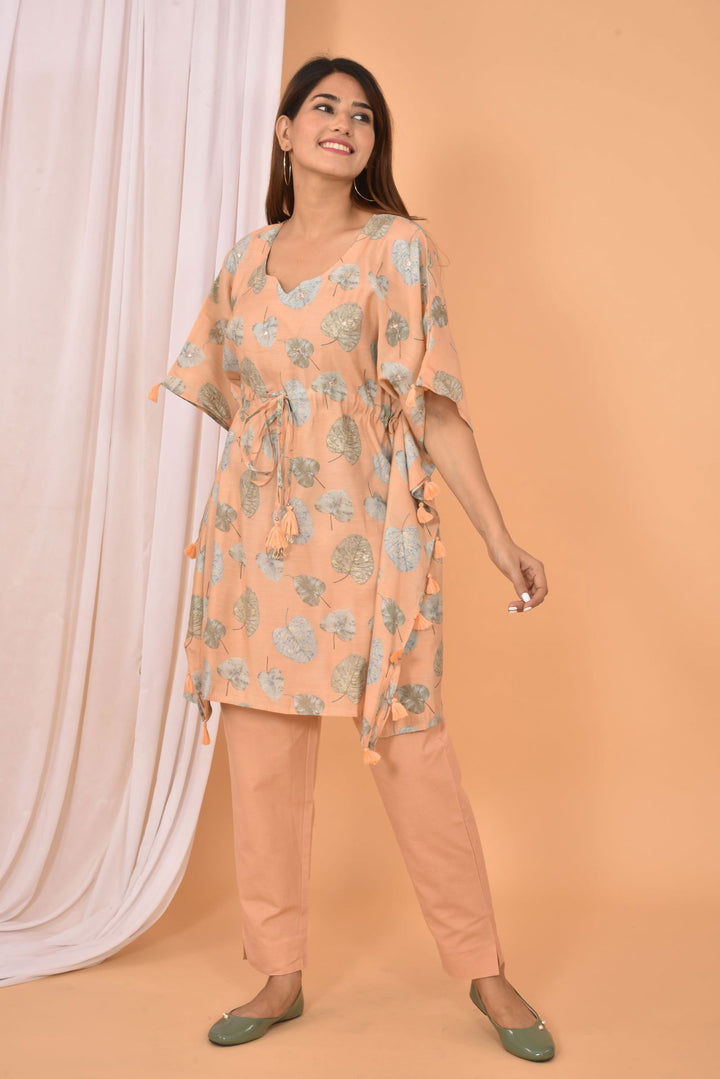 Peach Mirror Printed Short Kaftan Pant Set (pack of 2) - Kaajh - #tag4#