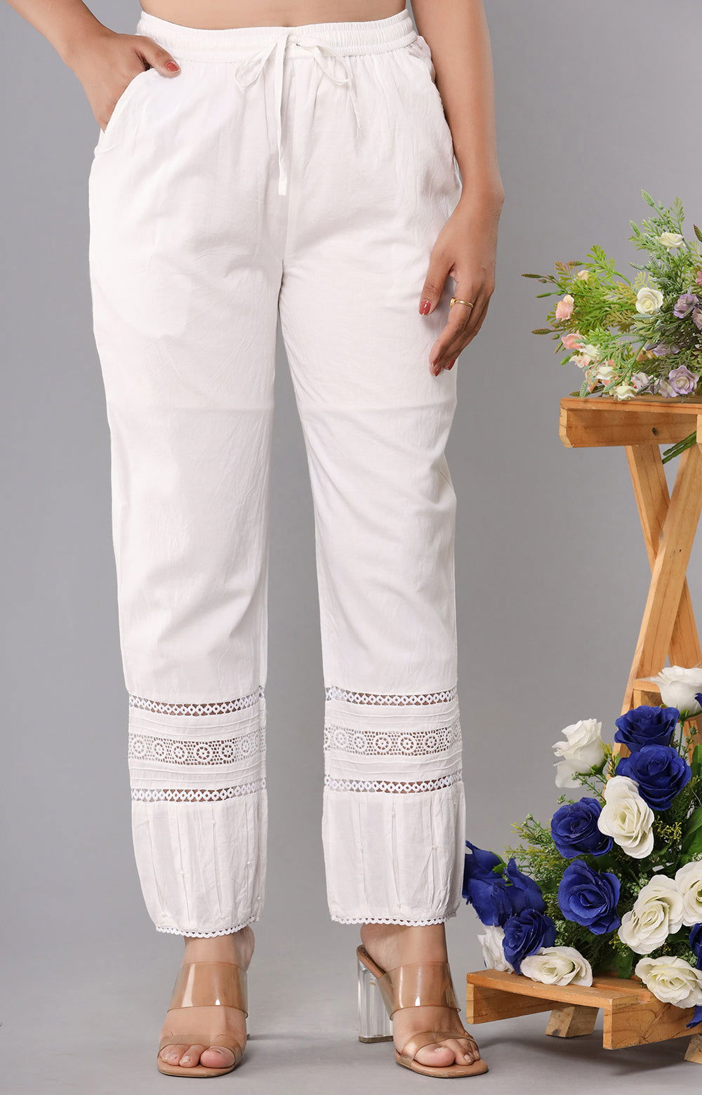 Pearl White Multi Lace Pant (set of 1) - Kaajh - #tag4#