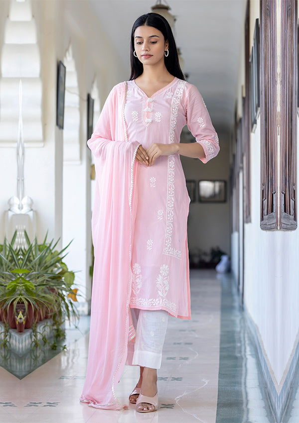 Pink Cotton Hand Embroidered Chikankari Suit Set (set of 3) - Kaajh - #tag4#