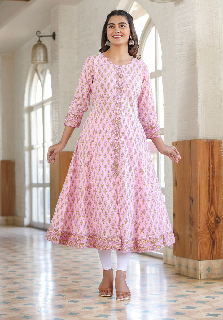 Pink Cotton Printed A-line Kurta (Set of 1) - Kaajh - #tag4#