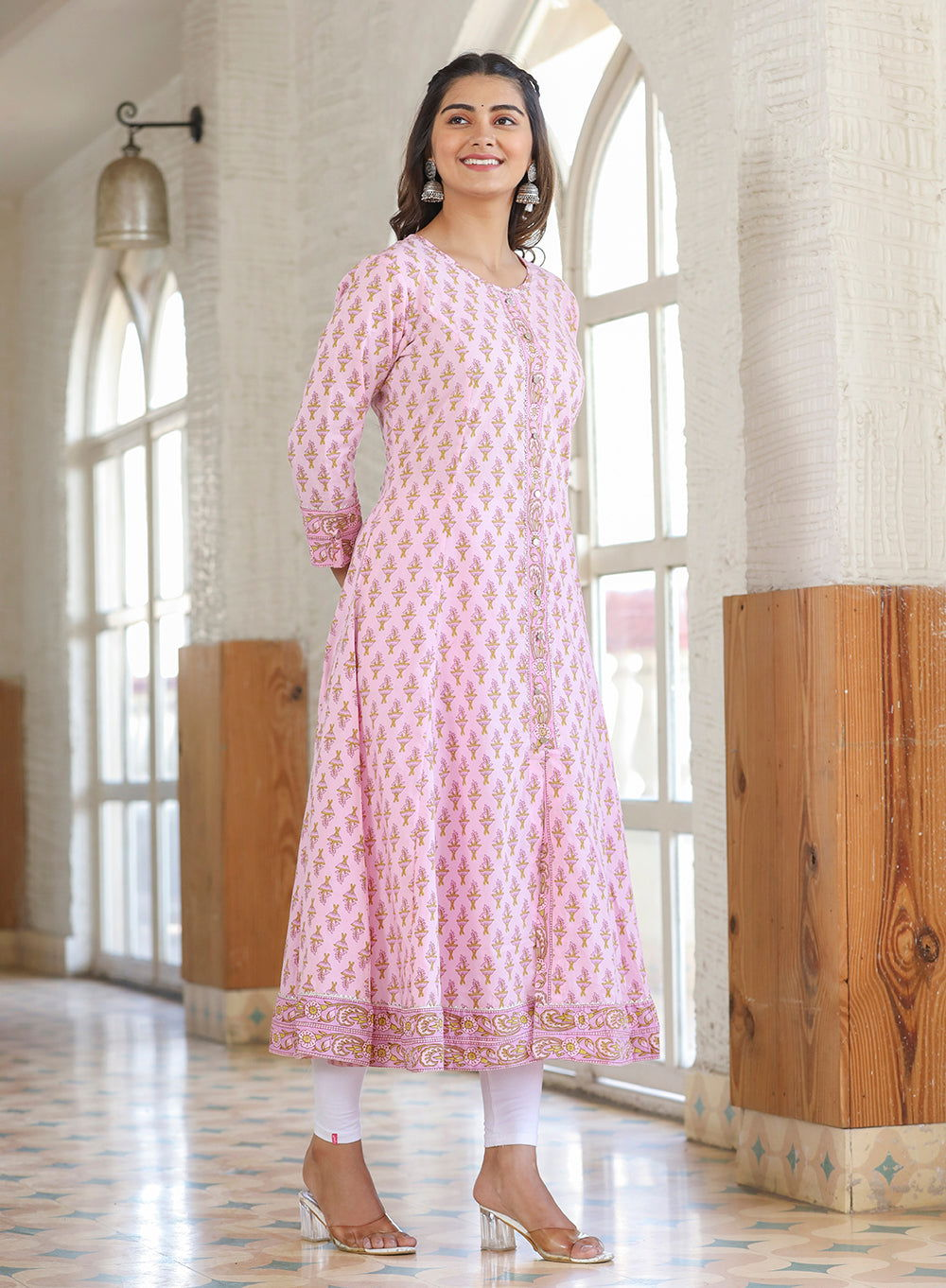 Pink Cotton Printed A-line Kurta (Set of 1) - Kaajh - #tag4#