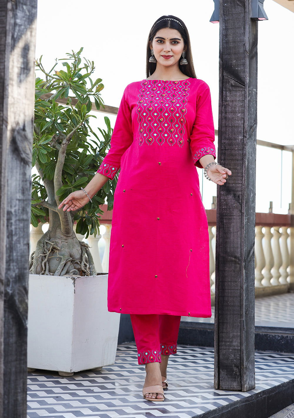 Pink Embroidered Cotton Kurta Pant Set (set of 2) - Kaajh - #tag4#
