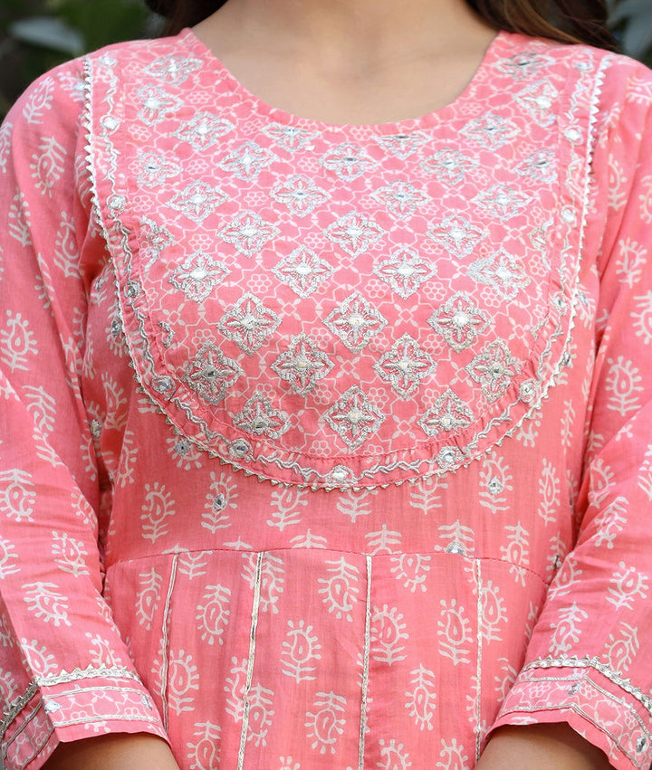 Pink Emroidered Cotton Aline Kurta With Pant (pack of 2) - Kaajh - #tag4#